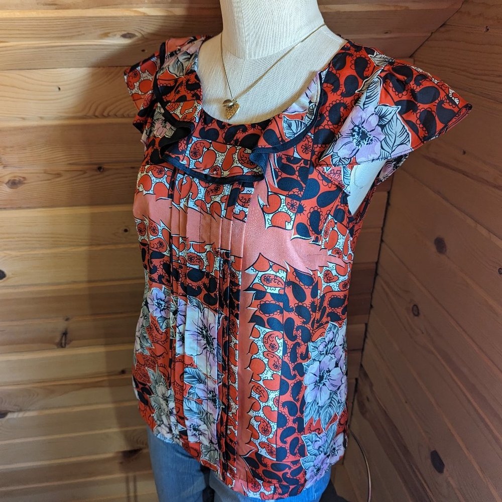 Anthropologie Odille Red Floral/Paisley Ruffled Silk Blouse